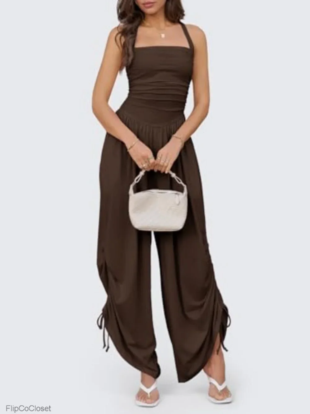 Womens Halter Jumpsuit Sleeveless Wide Leg Side-Cinch Ruched Barrel Pant Romper